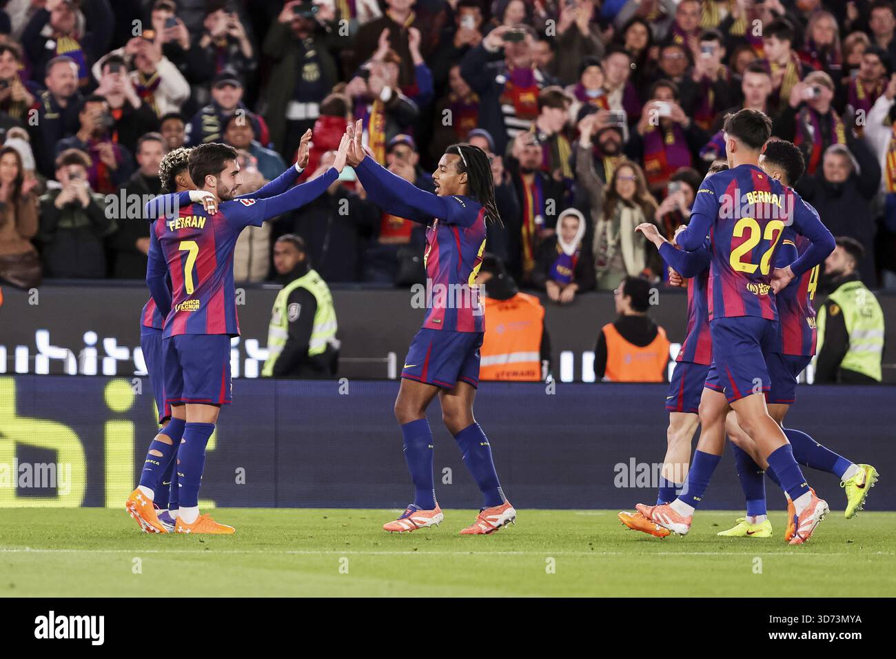 Ferran Torres of FC Barcelona celebrates a goal with teammates during