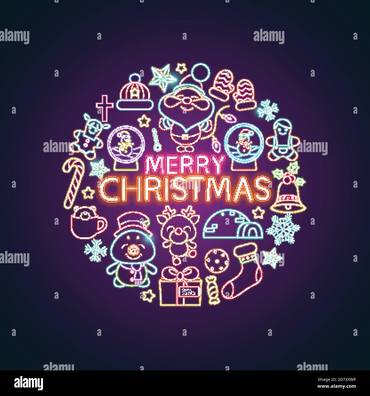 Christmas neon sign with neon text Merry Christmas and neon Christmas icon. Stock Vector