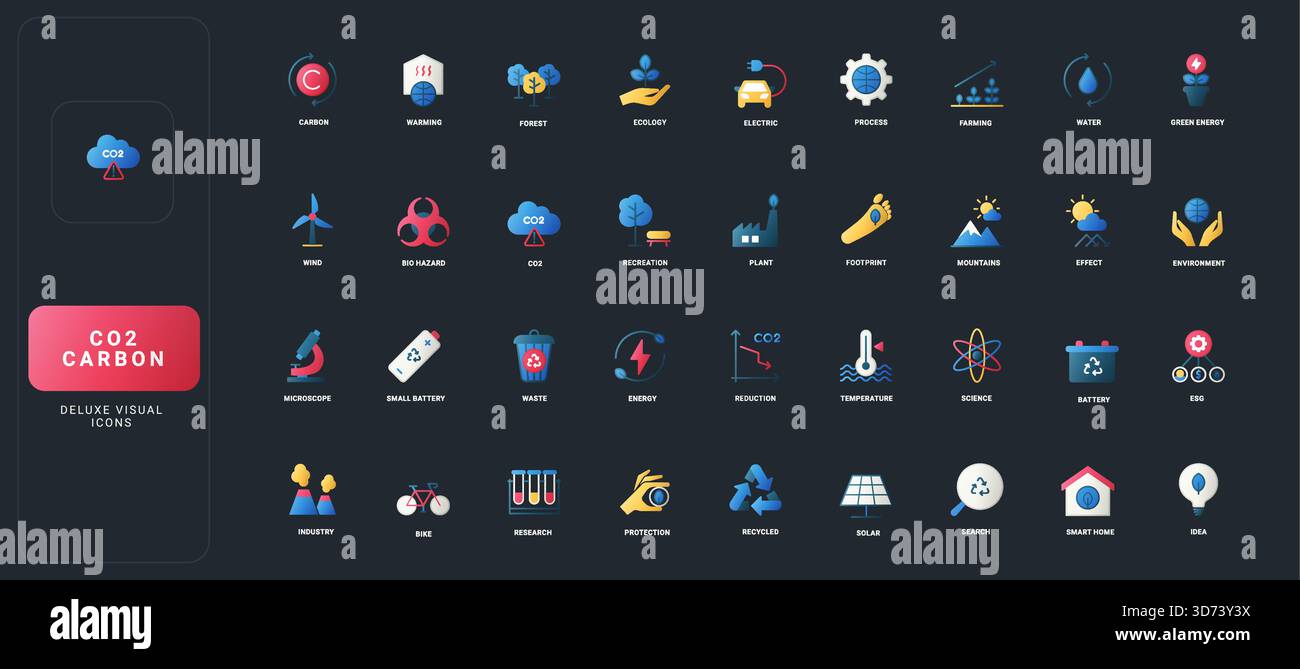 Gradient flat style icons set with carbon, energy, ecology, science ...