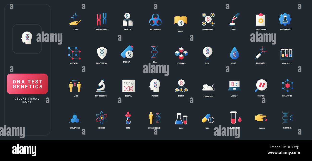 Gradient flat style icons set with DNA testing, genetics, chromosomes ...