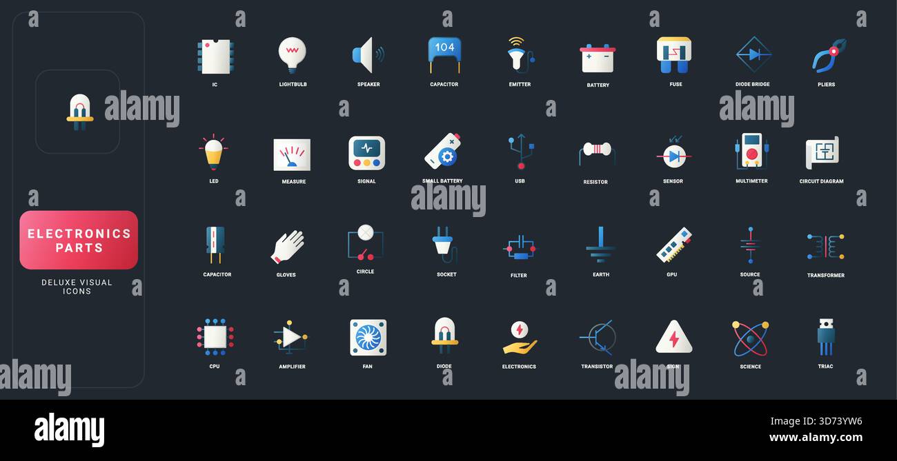 Gradient flat style icons set with diverse electronics parts ...
