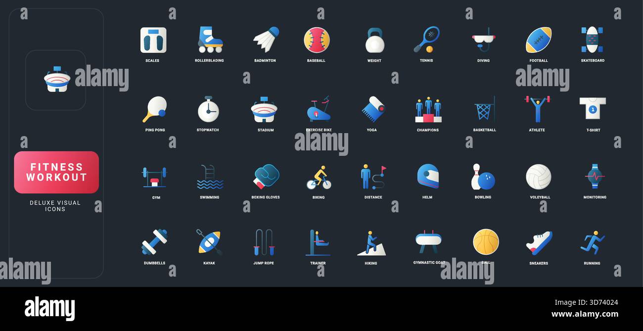 Gradient flat style icons set with diverse fitness, sports, gym, and ...
