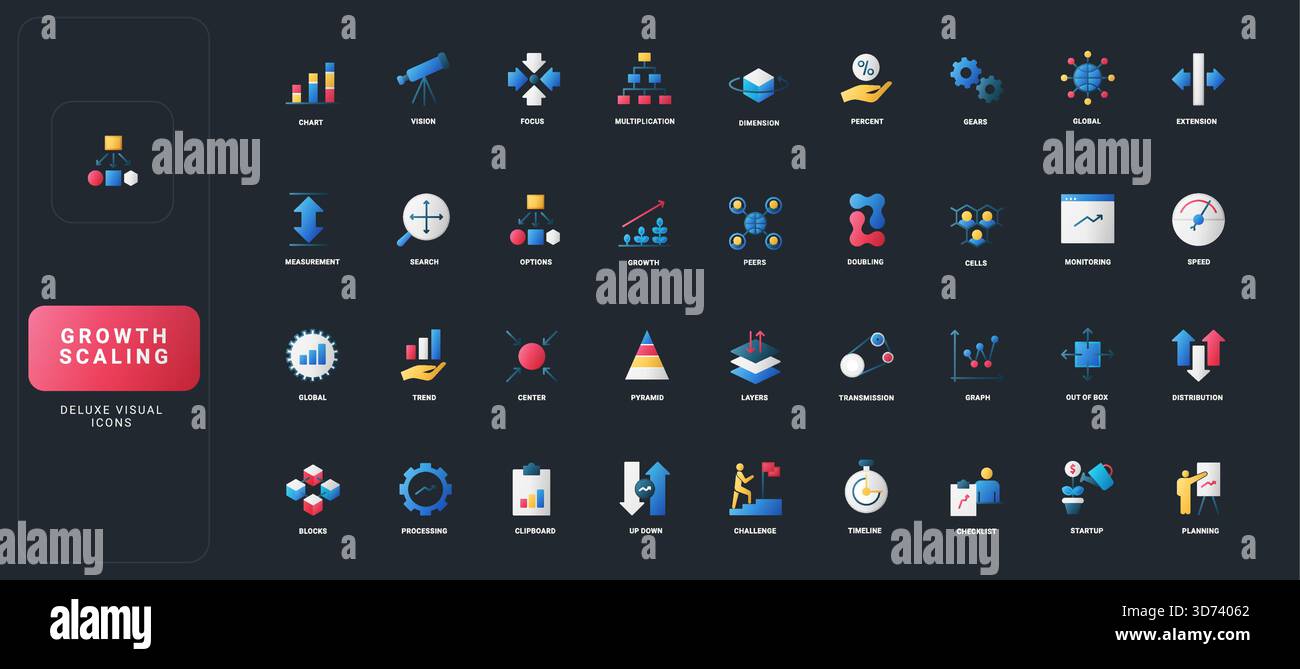 Gradient flat style icons set with business growth, scaling, analytics ...