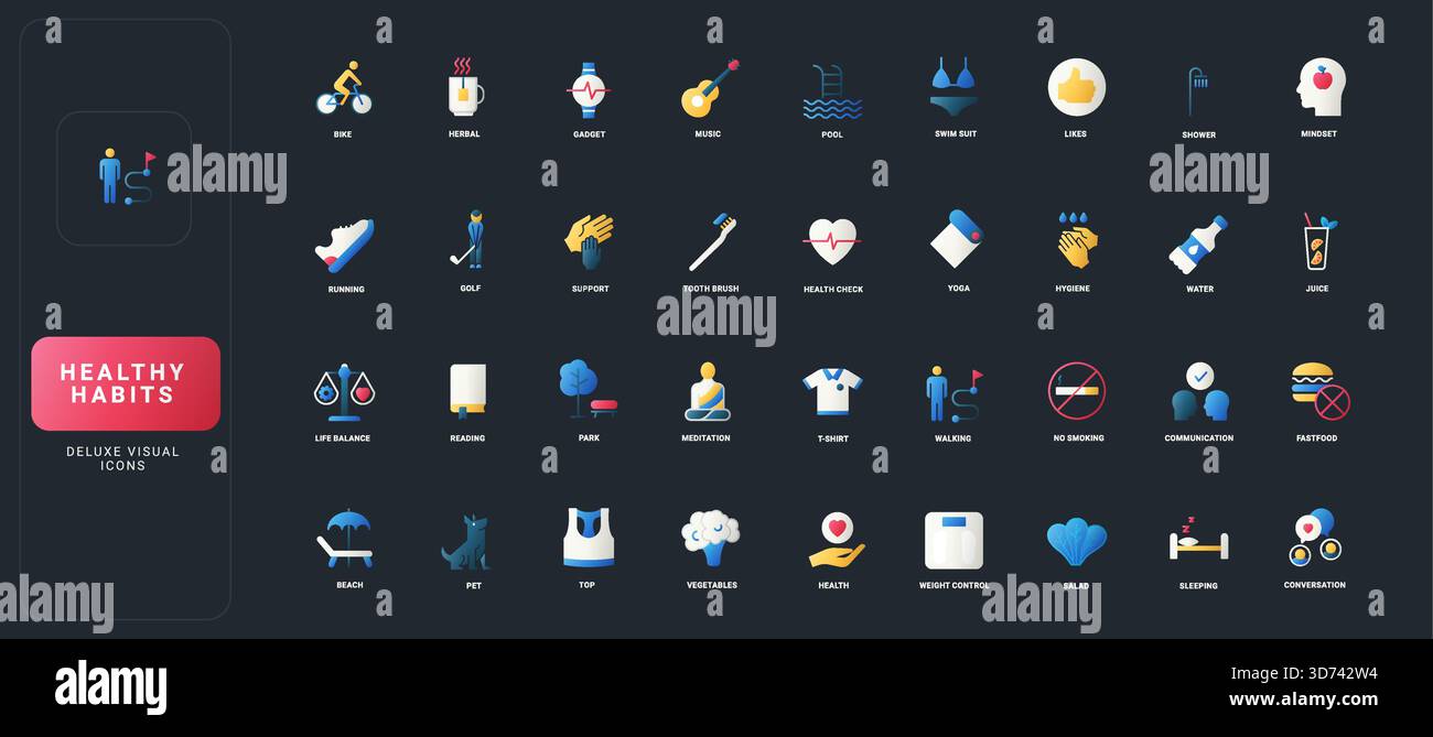 Gradient flat style icons set with daily wellness, fitness, nutrition ...