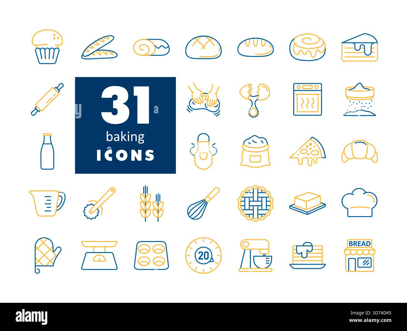 A comprehensive set of 31 flat icons for bakery items and baking tools. Perfect for menus, food blogs, and kitchen-related websites or apps. Stock Vector