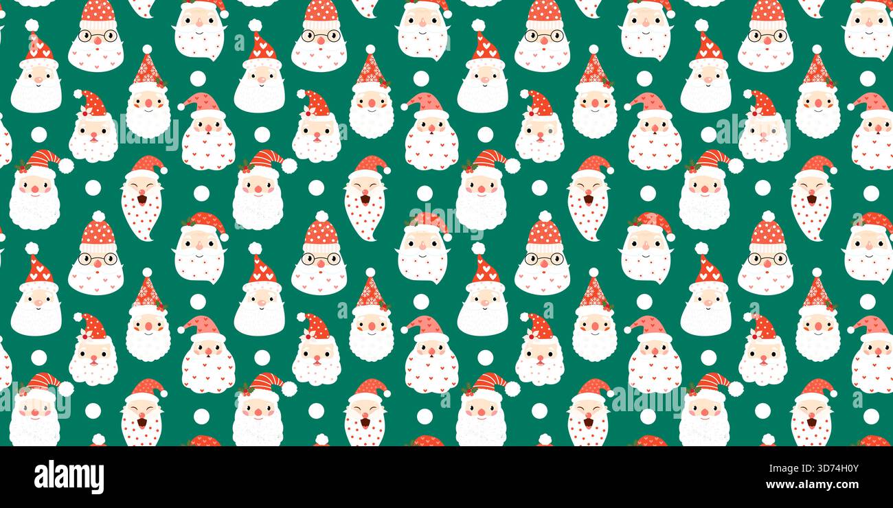 Cute Christmas seamless vector pattern with Santa Claus faces on green background for holiday wrapping paper and designs Stock Vector