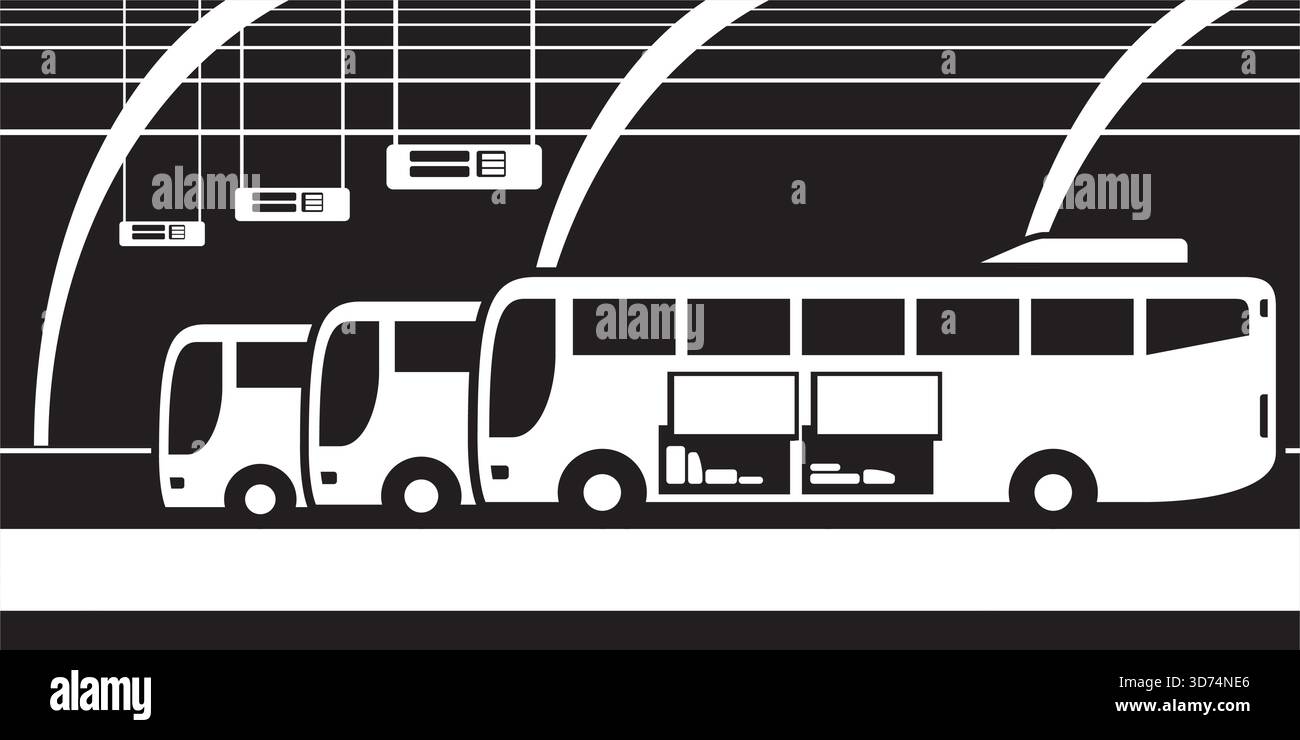 Buses arranged for departure from station - vector illustration Stock Vector