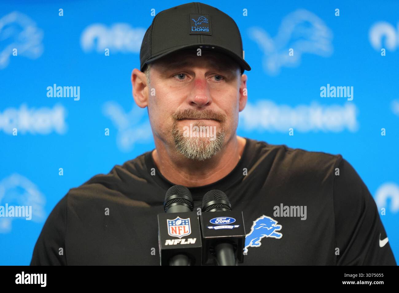Detroit Lions head coach Dan Campbell speaks to the media after an NFL ...