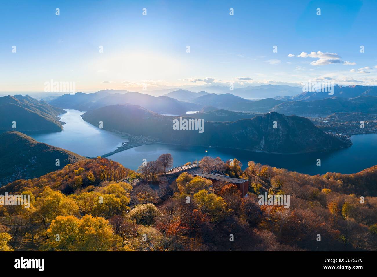 Aerial view of the autumnal panorama over Lugano city and lake in autumn from Sighignola. Lanzo d'Intelvi, Como province, Lombardy, Italy, Europe. Stock Photo
