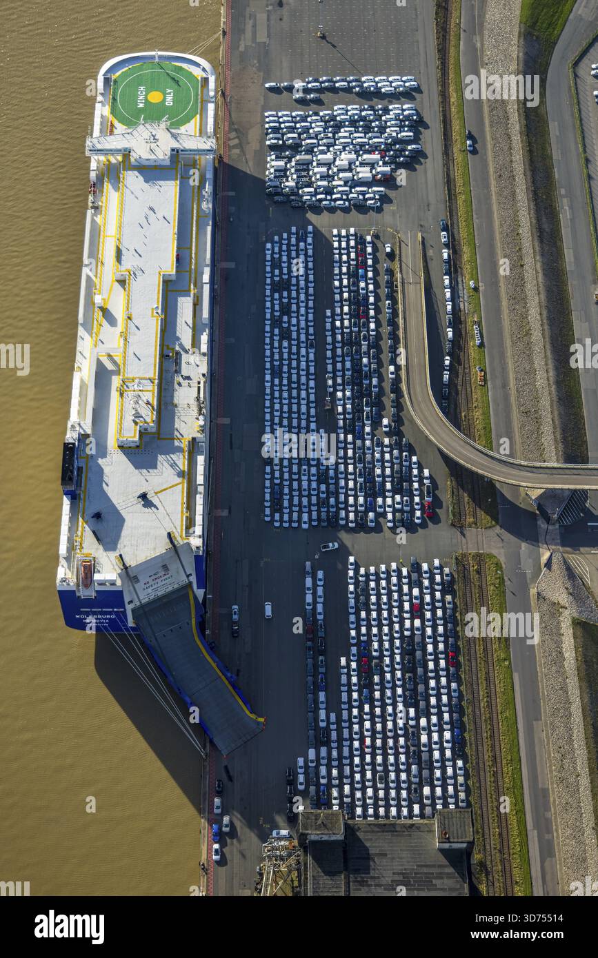 Aerial photo, Volkswagen plant car logistics, Emden outer port with SFL ...