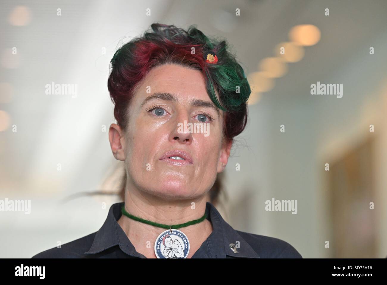 Rail, Tram and Bus Union (RTBU) Vice President Leanne Holmes at a press ...