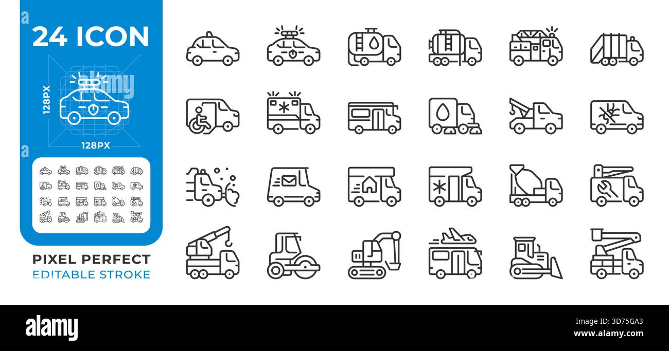 Service vehicles pixel perfect line icons set Stock Vector
