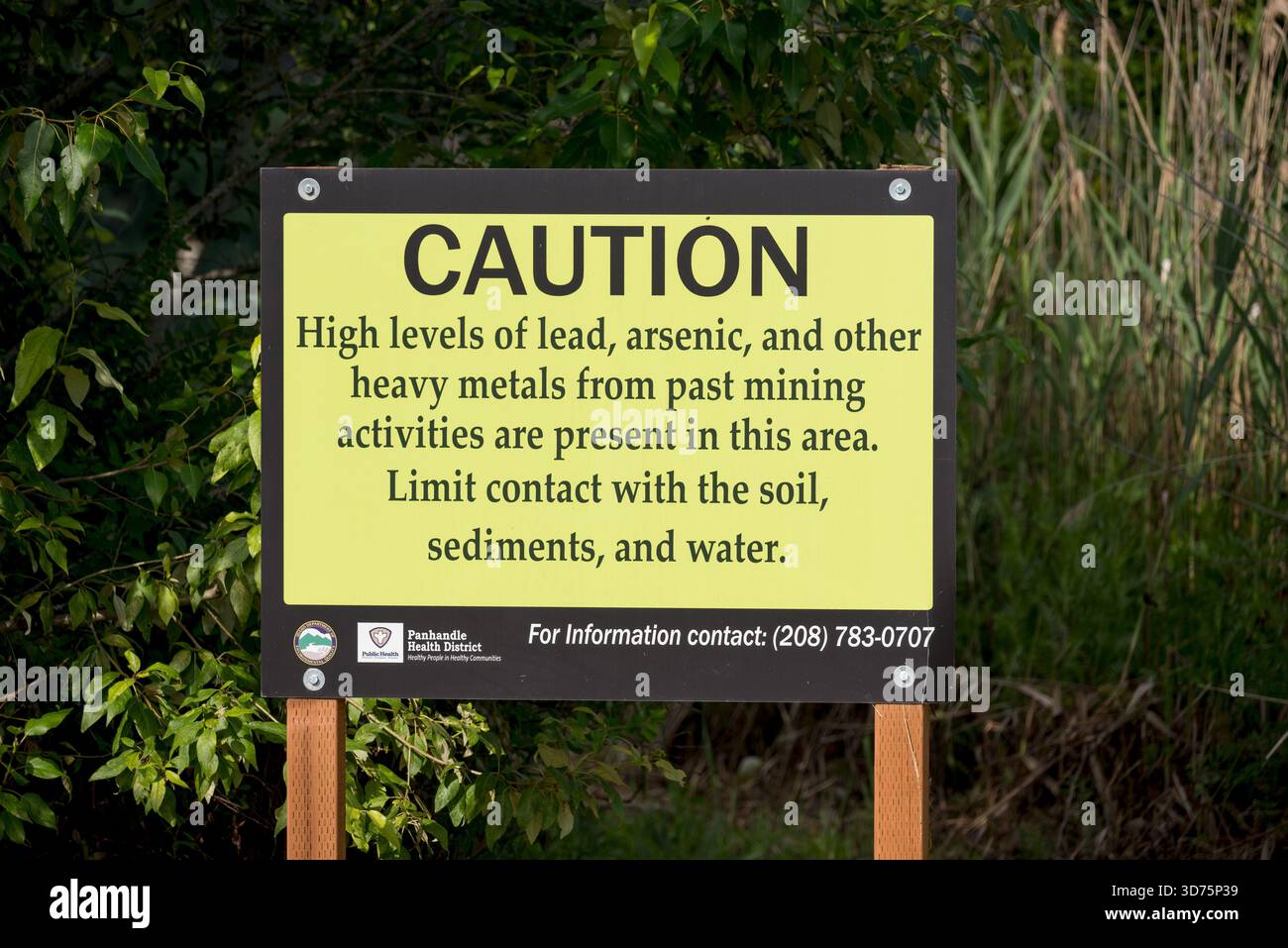 Public health caution sign along the in Idaho's Silver Valley, USA. Stock Photo