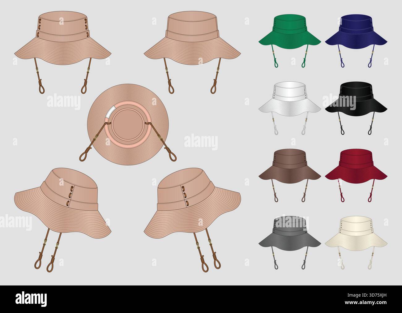 Wide Brim Bucket Hat Tech Pack with Front, Back, Side, and Bottom Views Stock Vector