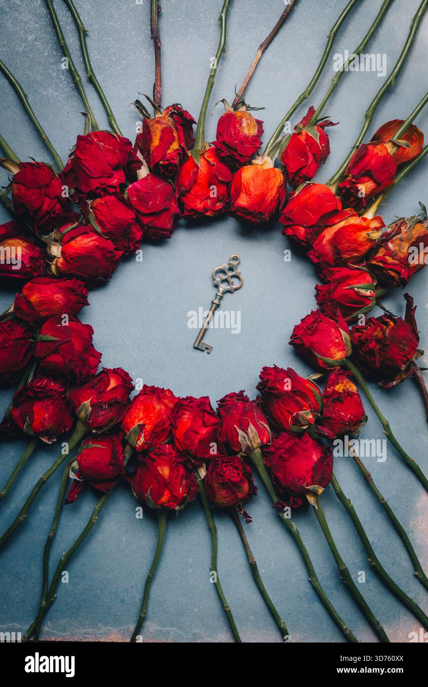 Key surrounded by red roses Stock Photo - Alamy