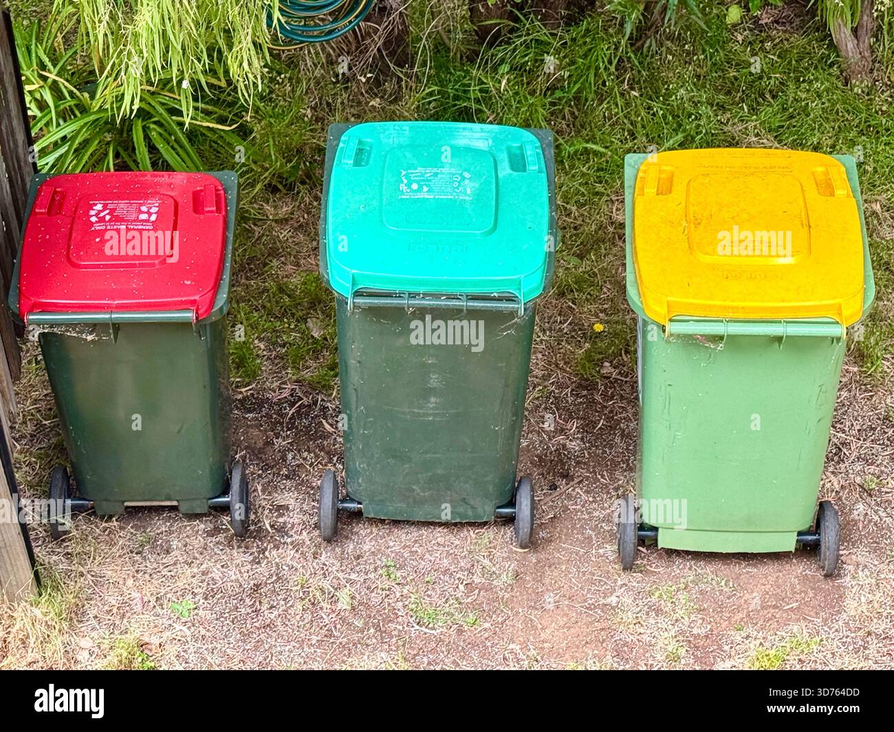 FOGO bin waste system red bin for landfill green bin for organic waste for composting and yellow bin for recycling. - Smartphone Captured Stock Image