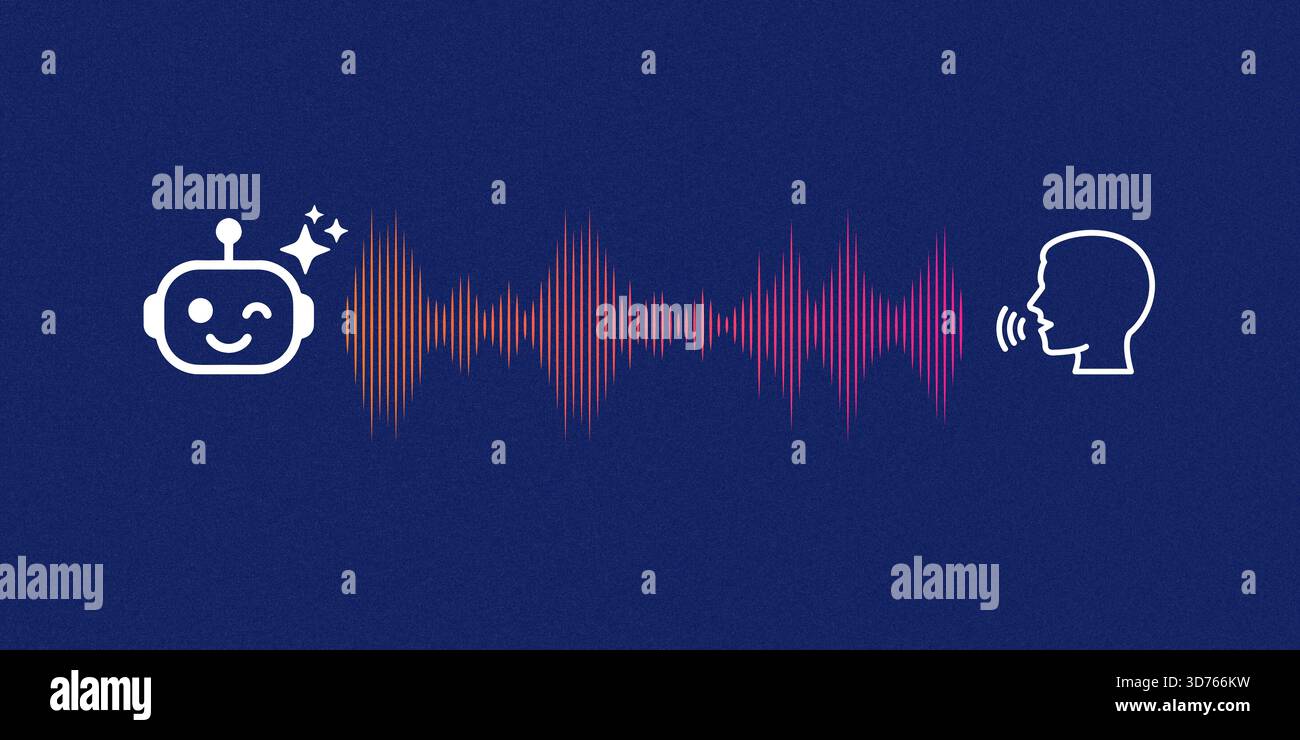 AI voice assistant conversation with human speech sound wave visualization, Voice recognition and AI chatbot interaction, Digital assistant Stock Photo