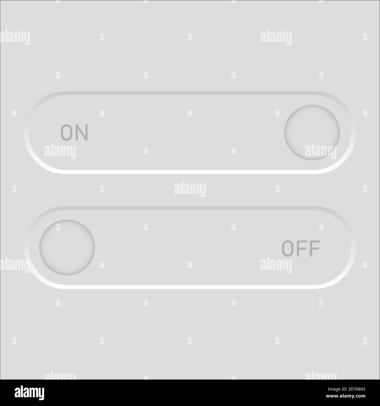 Toggle switches interface. ON OFF minimal text. Neumorphic button Vector set. Control status element. EPS 10. Stock Vector