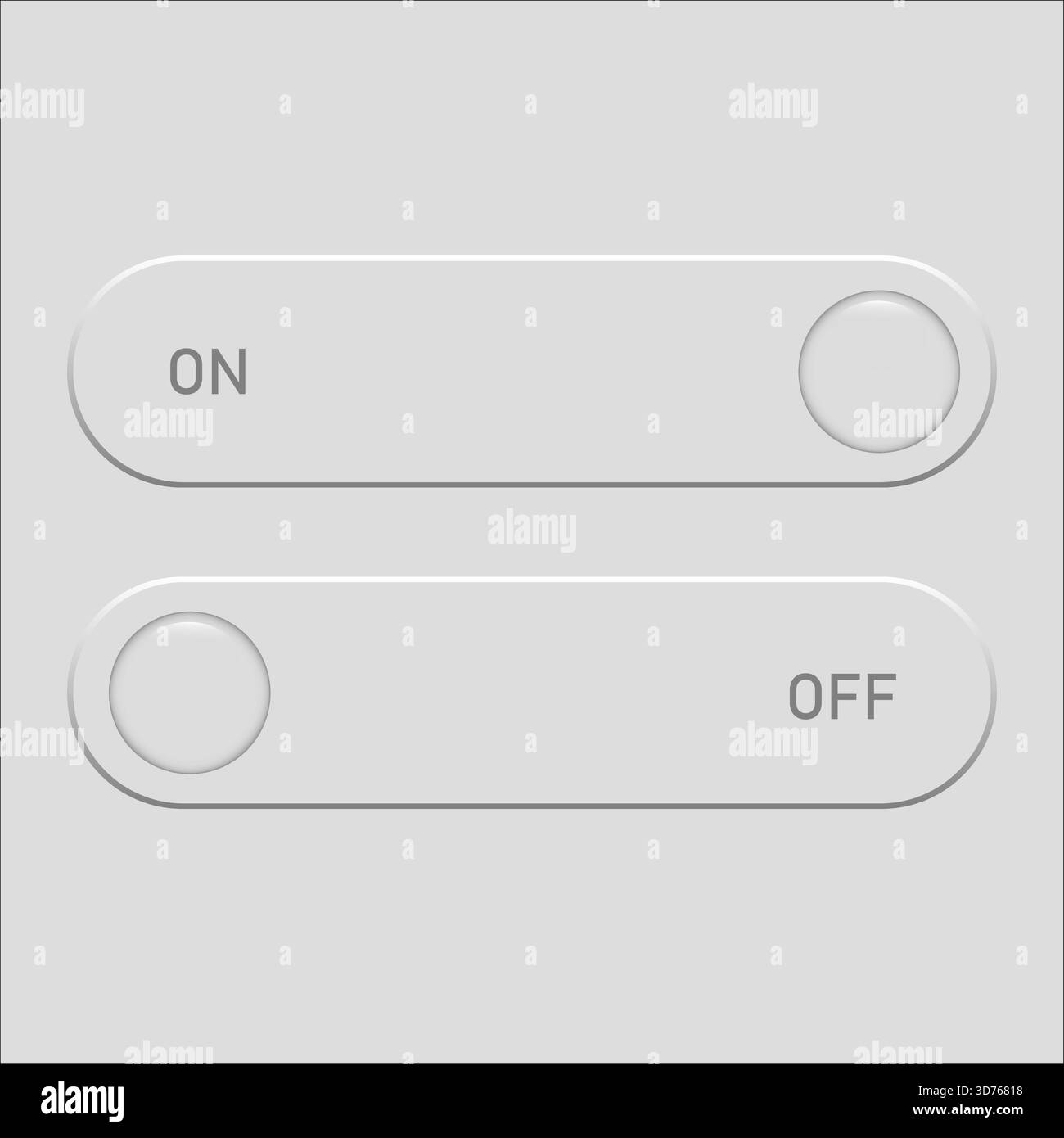 Toggle switches interface. ON OFF minimal text. Neumorphic buttons Vector. Status control element. EPS 10. Stock Vector