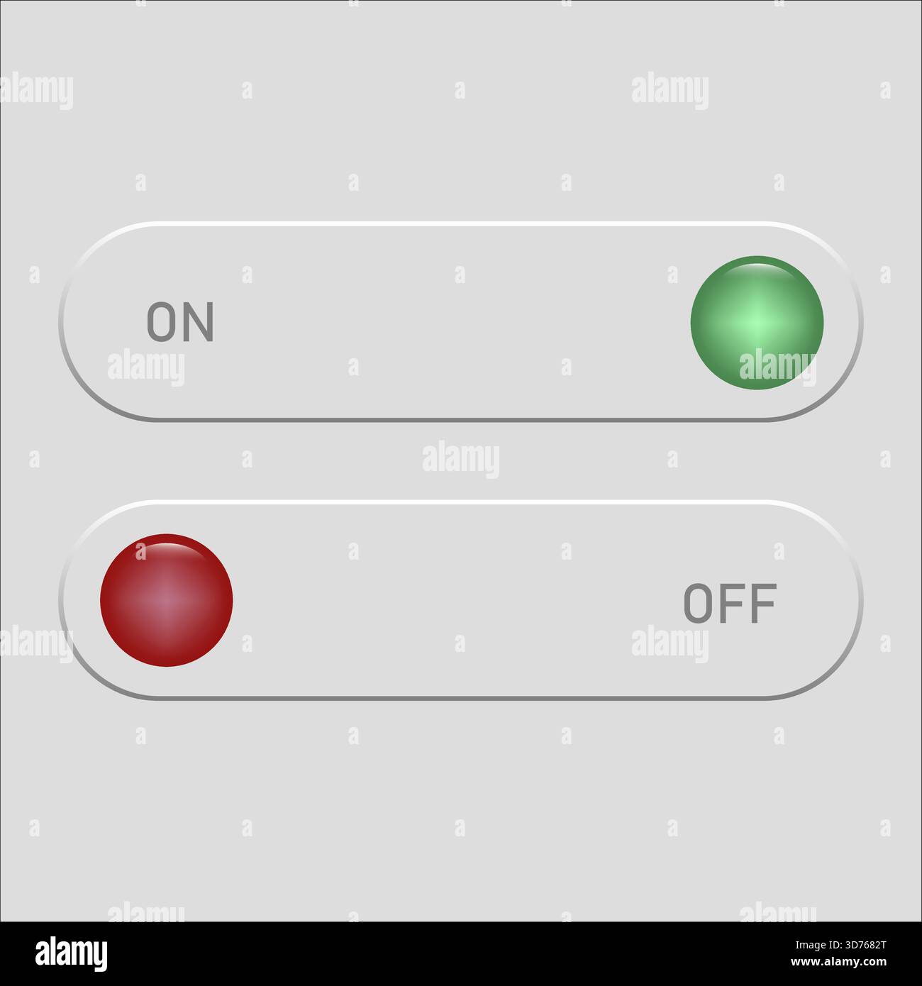 Toggle switches interface. Green ON red OFF. Neumorphic buttons Vector. Status indicator element. EPS 10. Stock Vector