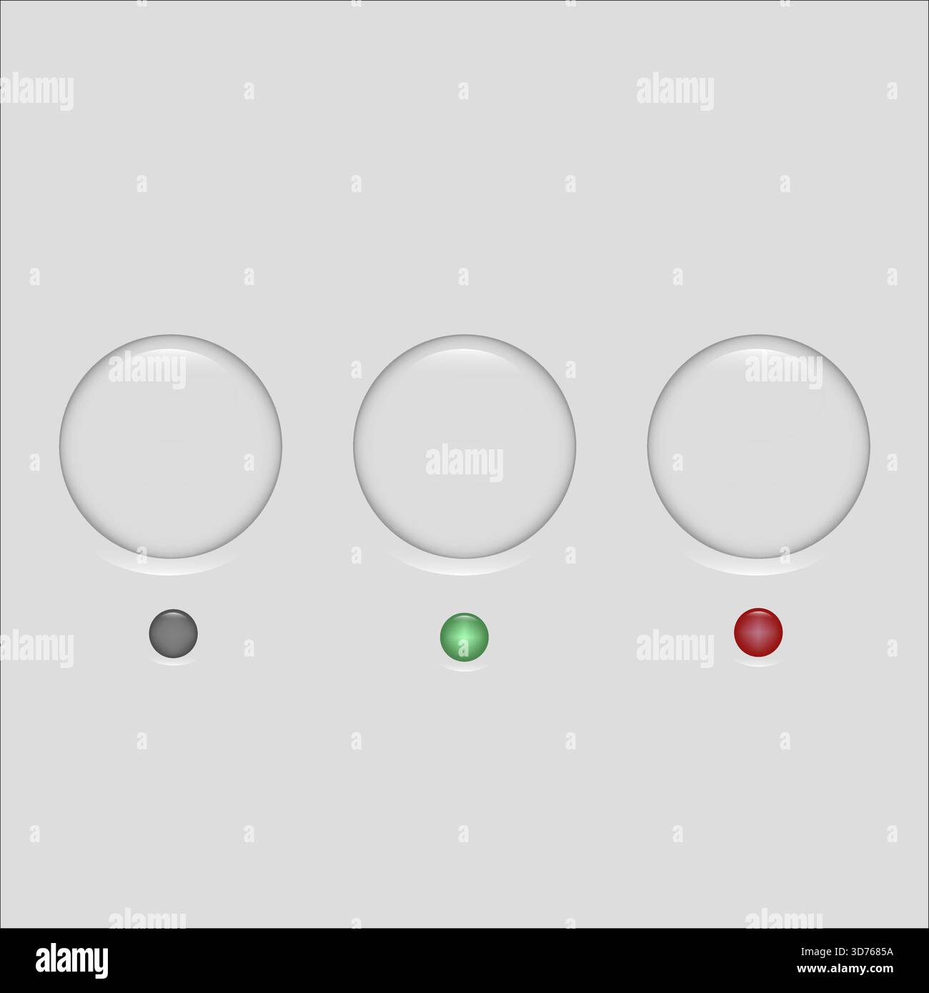 Status lights buttons. Grey green red indicators. Three round Vector controls. Neumorphic elements set. EPS 10. Stock Vector