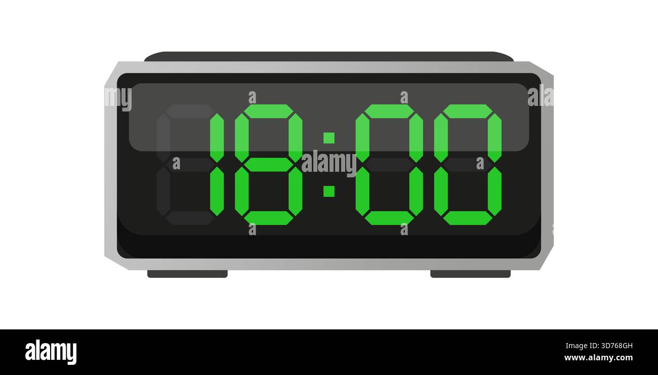 Digital alarm clock. Eighteen hours shown. Time 18 00. Green numbers ...