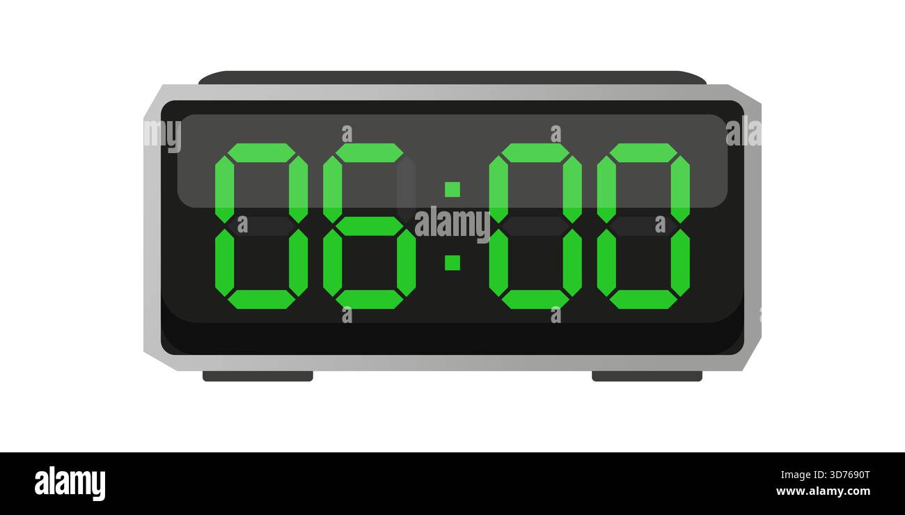 Digital alarm clock. Six hours shown. Time 06 00. Green numbers vector ...