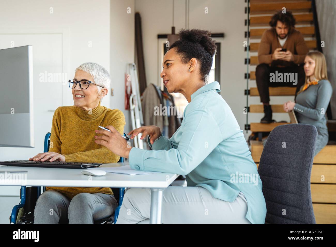 Artificial intelligence and technology development team using laptops, coding and smart solutions Stock Photo