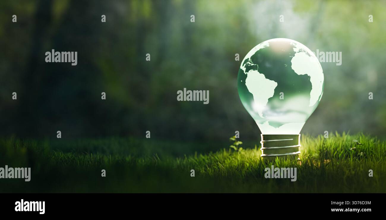 Sustainable earth globe light bulb on grass copy space.3d rendering Stock Photo