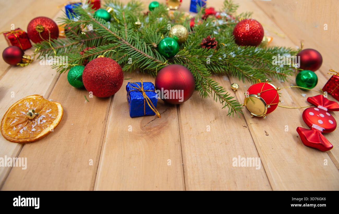Christmas decorations with fir branches and colorful ornaments on ...