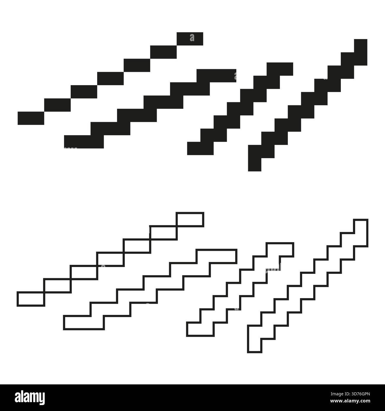 Staircase pattern set. Pixel stepped design. Minimal Vector element. Black white outline. EPS 10. Stock Vector