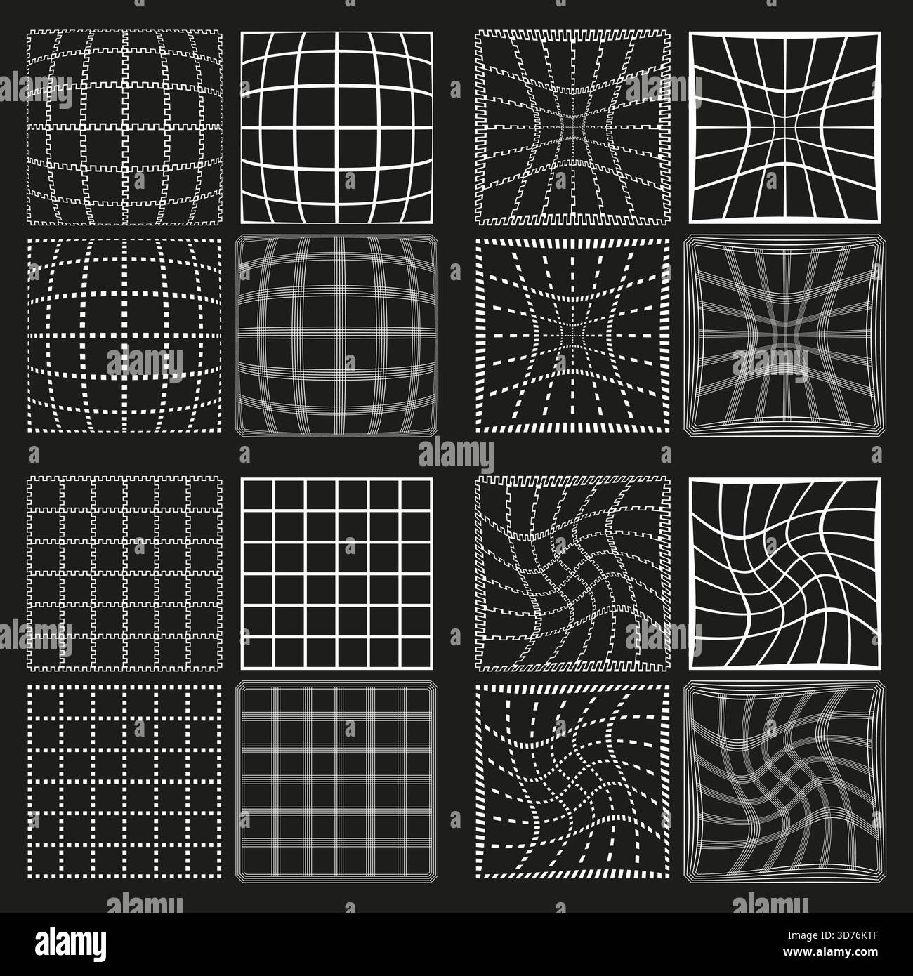 Warped grid patterns. Distorted square tile. Dark background Vector. Abstract geometric design. EPS 10. Stock Vector