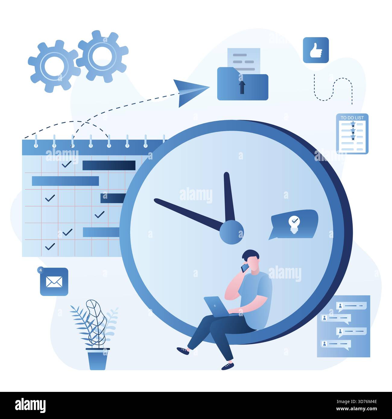 Time management and deadline concept. Man employee sitting on big watch ...