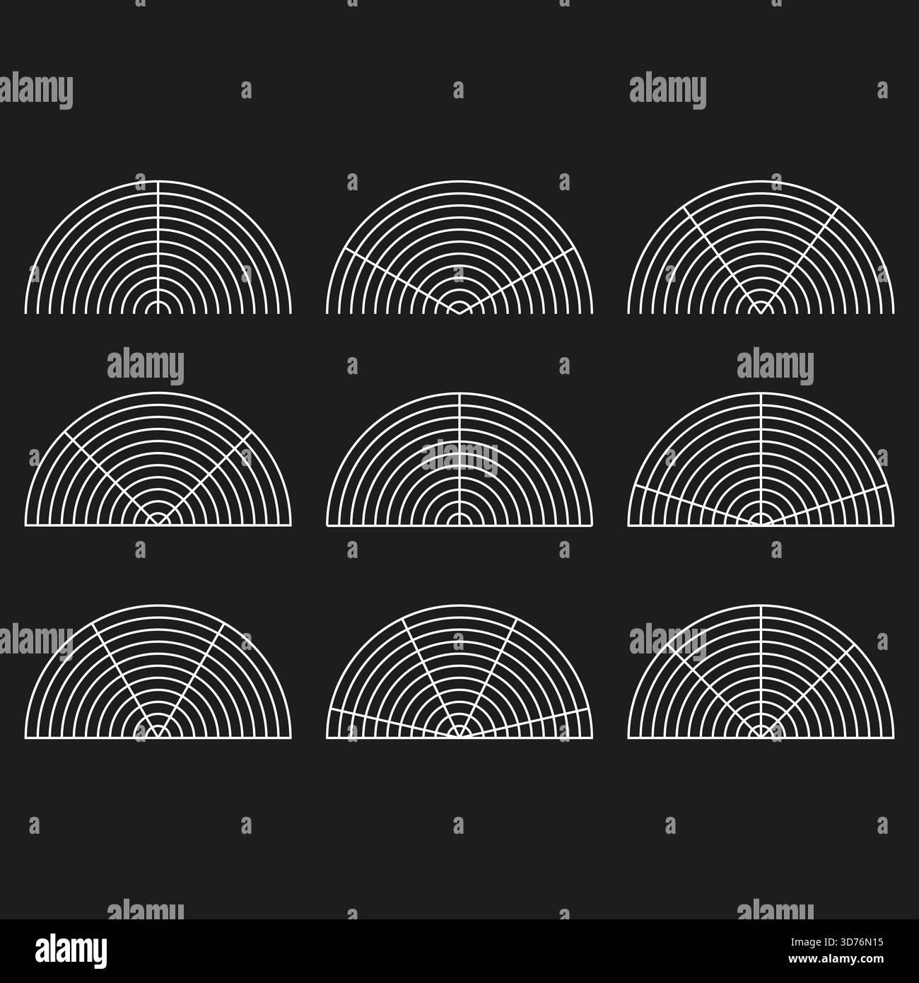 Radial grid pattern. Half circle shape. White outline Vector. Dark background element. EPS 10. Stock Vector
