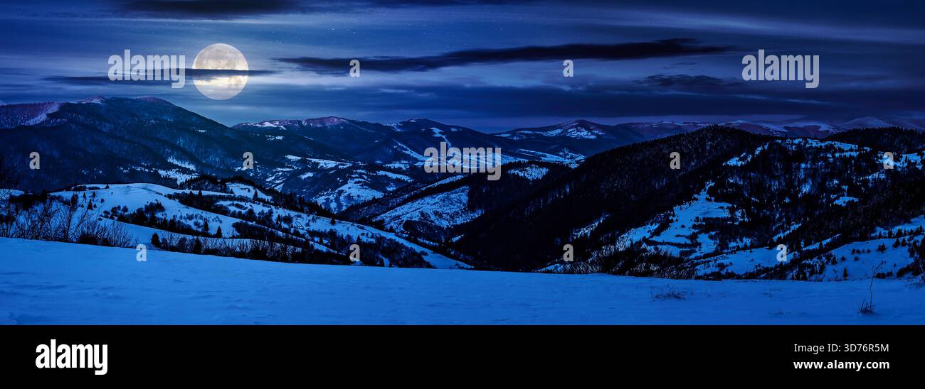panorama of mountain ridge in winter at night. beautiful landscape with forested hills in snow. clouds on sky and mountain tops lit by full moon light Stock Photo