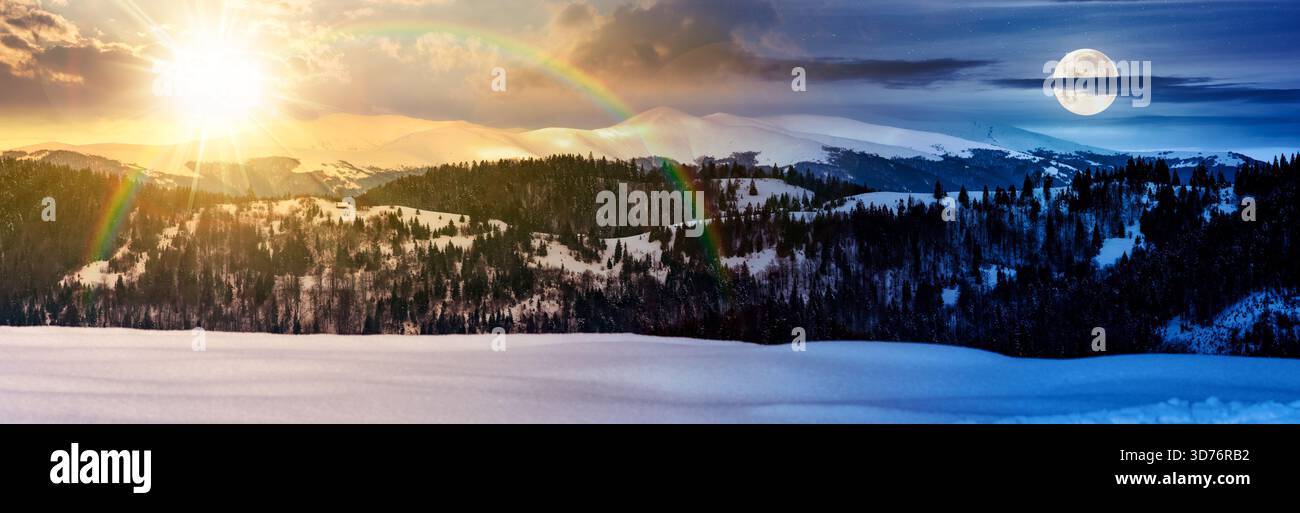 panorama of mountain ridge in winter. day and night time change concept. magnificent alpine landscape with snowy peaks with cloudy sky with sun and mo Stock Photo