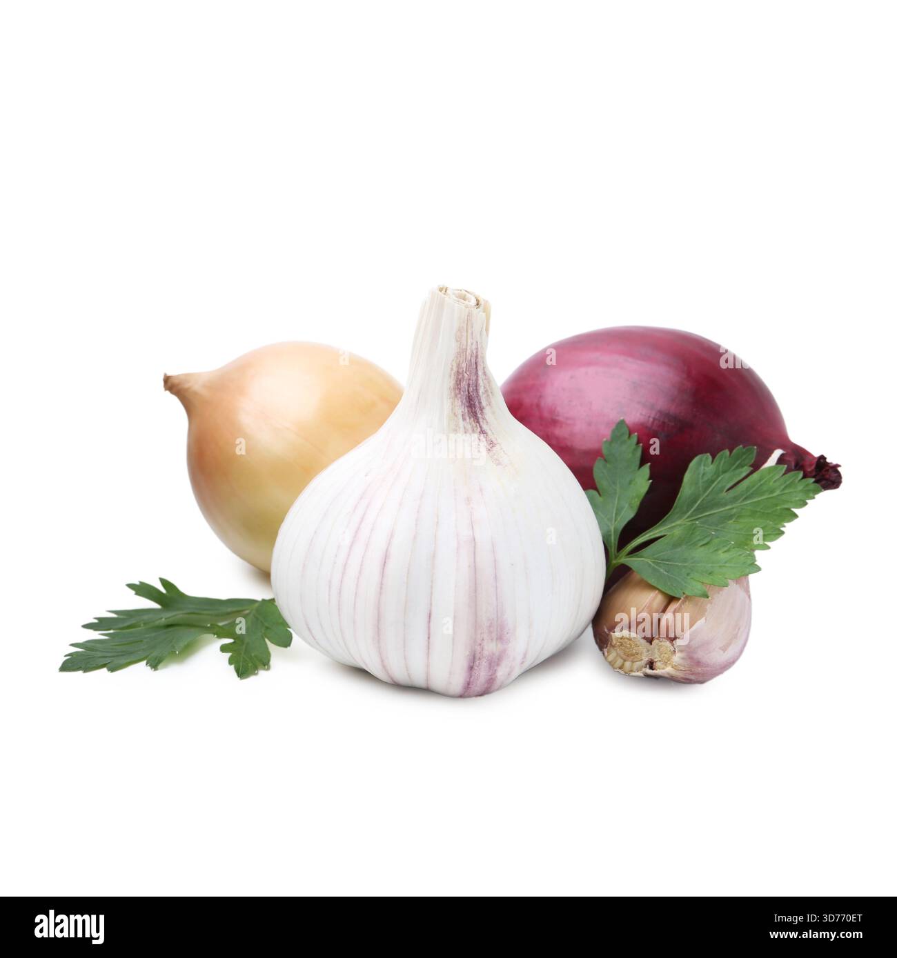 Garlic, onion and parsley isolated on white Stock Photo - Alamy