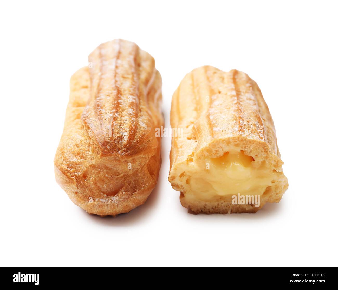 Delicious eclairs with custard cream isolated on white Stock Photo