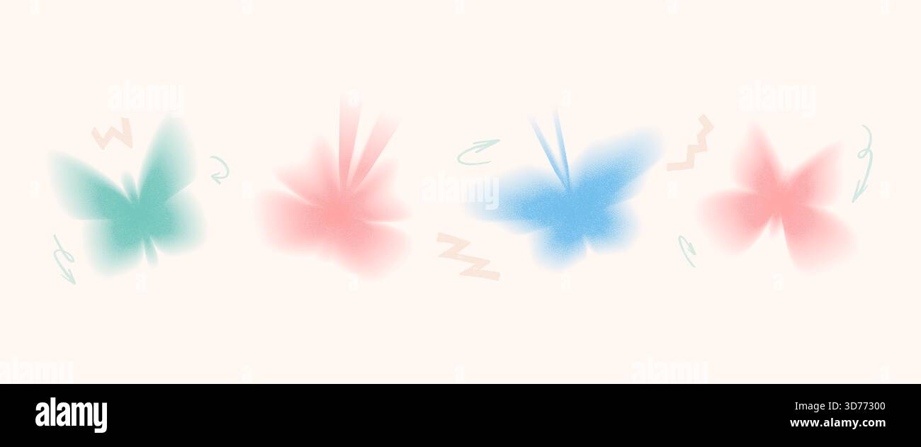Y2K grain gradient butterfly icons. Dot gradation airbrush flying spray illustration for decoration graphic backgrounds. Vector vintage aesthetic grai Stock Vector