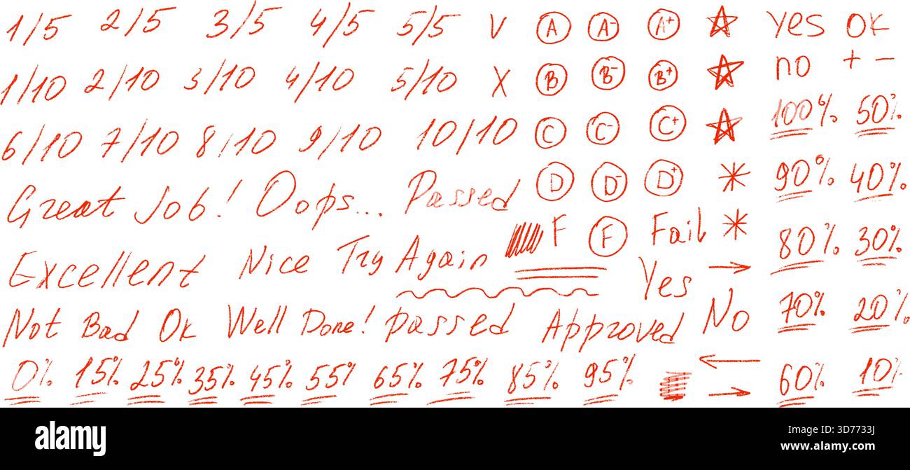 School exam marks icons. Teacher note hand drawn red set. Crayon drawn ...