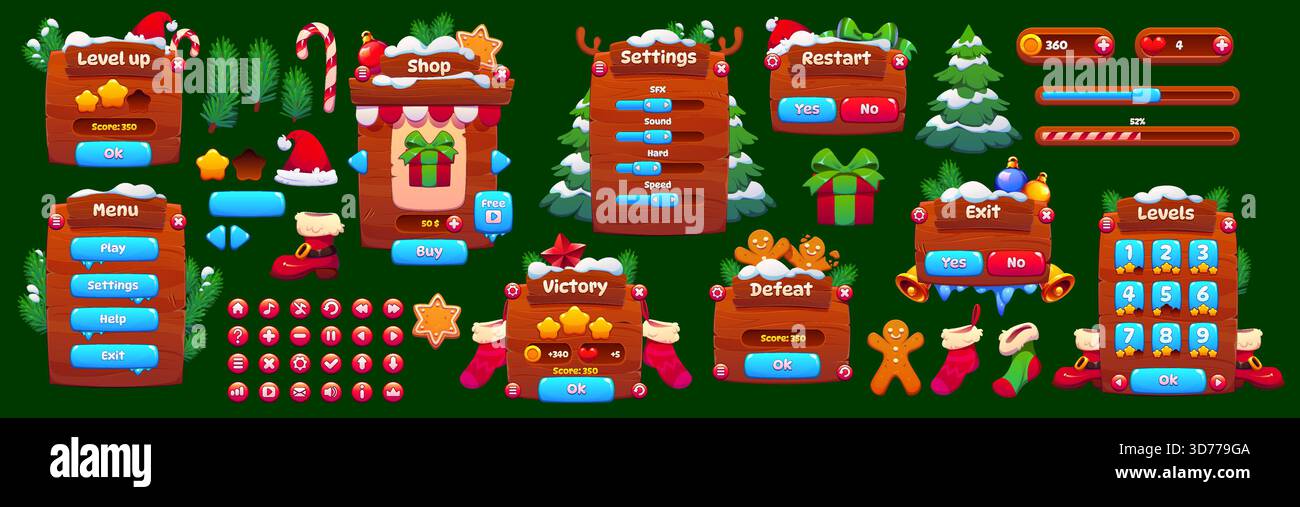 Winter Christmas game interface with vector user panels, buttons and ...