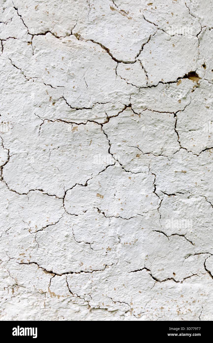 Close-up view of a cracked white painted straw wall texture Stock Photo
