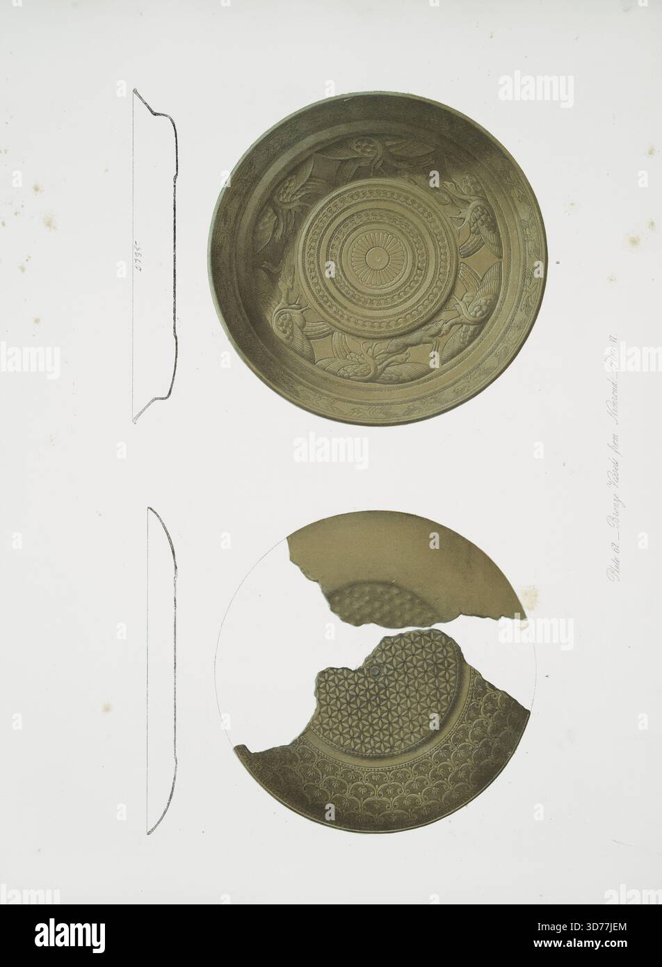 Bronze vessels from Nimroud (Nimrud), 1853. Published by J. Murray in London. The images depict various bronze implements and utensils discovered in Nineveh (an extinct city in Assyria), showcasing artifacts from the British Museum. The extent includes four images on one page Stock Photo