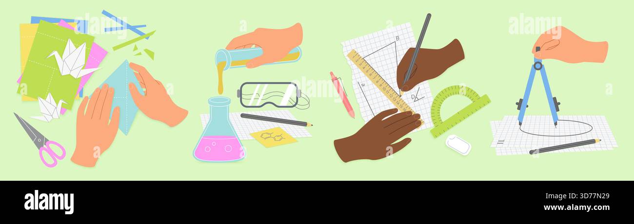 Experiment Photo Math Hands performing origami, chemistry experiments, drawing geometric ...