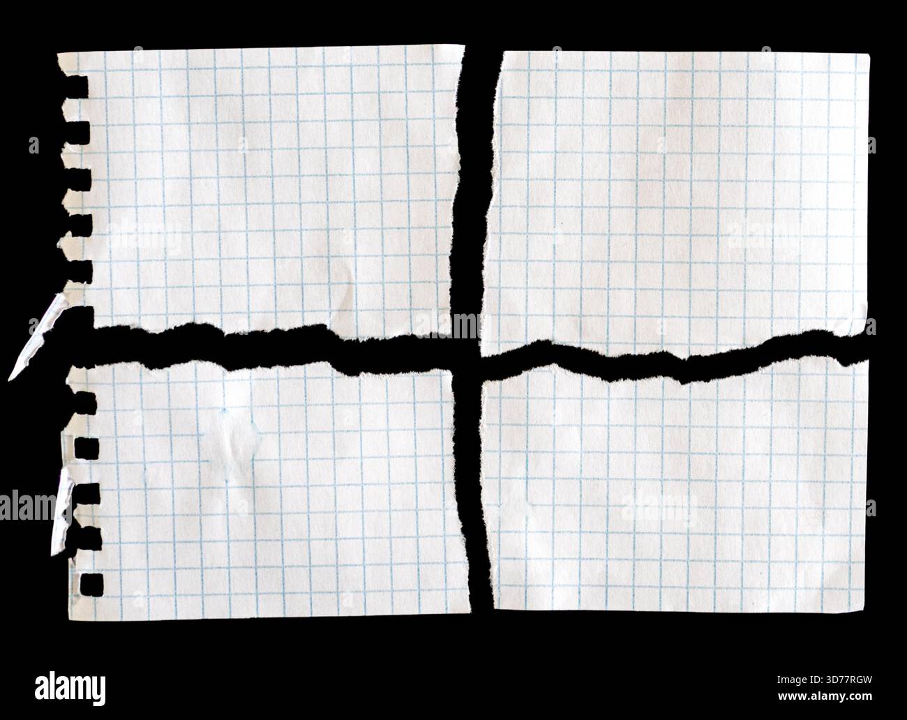 Notebook papers with torn edges on black background Stock Photo
