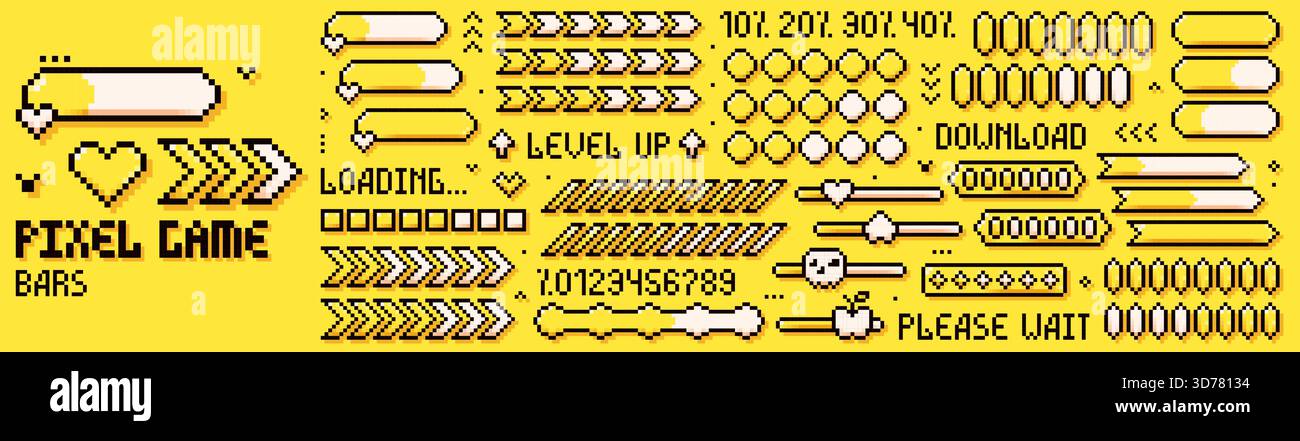 Pixel game bars. 8 bit loading lines in different shapes on yellow background. Stock Vector