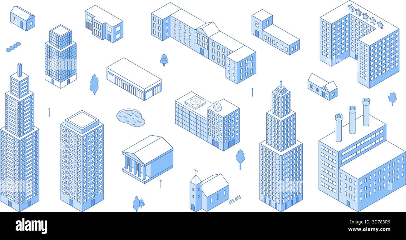 Isometric line city buildings. Urban infrastructure, apartment building ...
