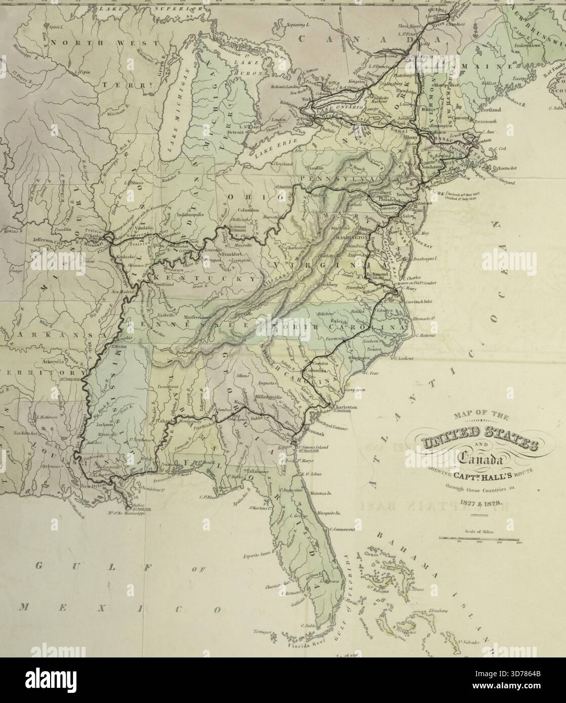 Map of the United States and Canada showing Captain Hall's route ...
