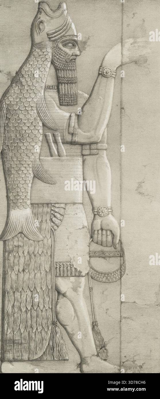 Fish-god. (Nimroud.) Nimrud; Figure near an entrance. (Kouyunjik) Quyunjik., 1853., London. Publisher, J. Murray. Nineveh (Extinct city), Bas-reliefs, British Museum, Gods, Assyro-Babylonian, Calah (Extinct city), Palace of Sennacherib (Nineveh), Sennacherib, King of Assyria, d. 681 B.C., Two images on one page Stock Photo