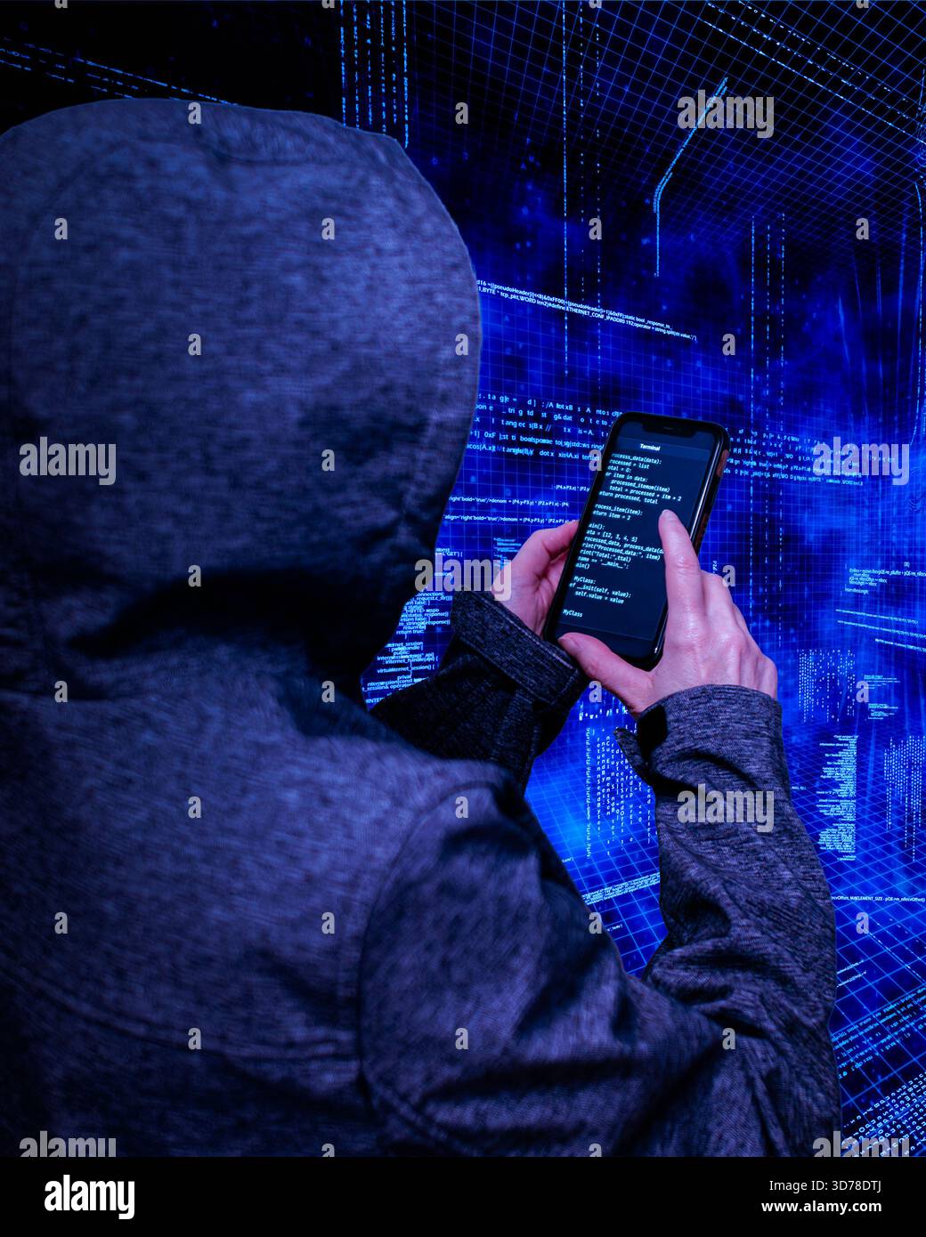 IT security specialist using smartphone in cyberspace Stock Photo